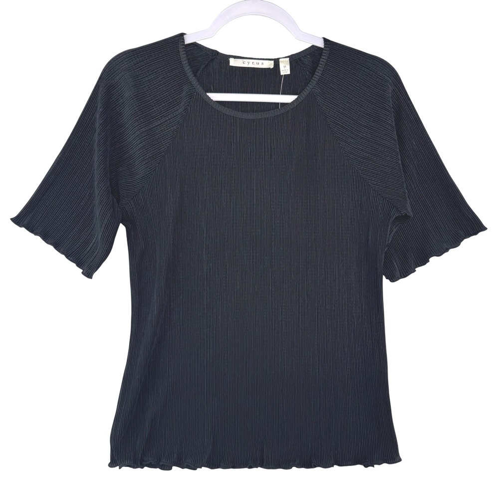 Cyrus Womens Black Micro Pleated Short‎ Sleeve Top Lettuce Hem Crew Neck Size M